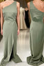 One Shoulder Green Mermaid Long Bridesmaid Dress with Slit