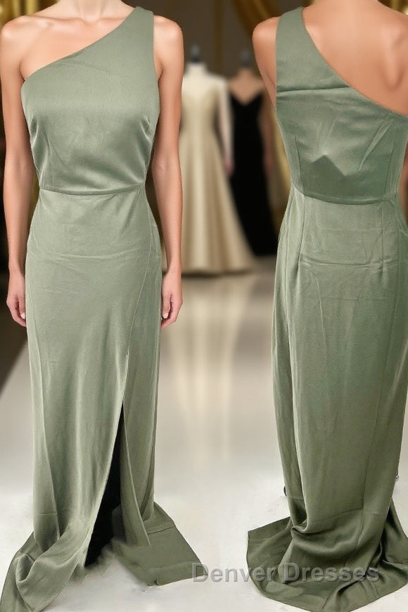 One Shoulder Green Mermaid Long Bridesmaid Dress with Slit Main image