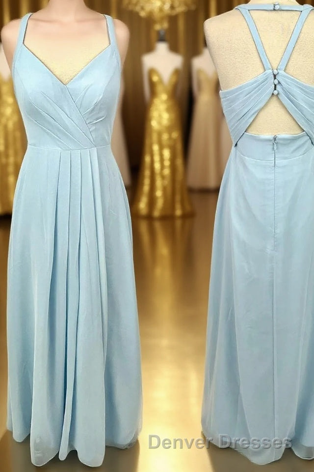 Halter Light Blue Chiffon A-line Long Bridesmaid Dress