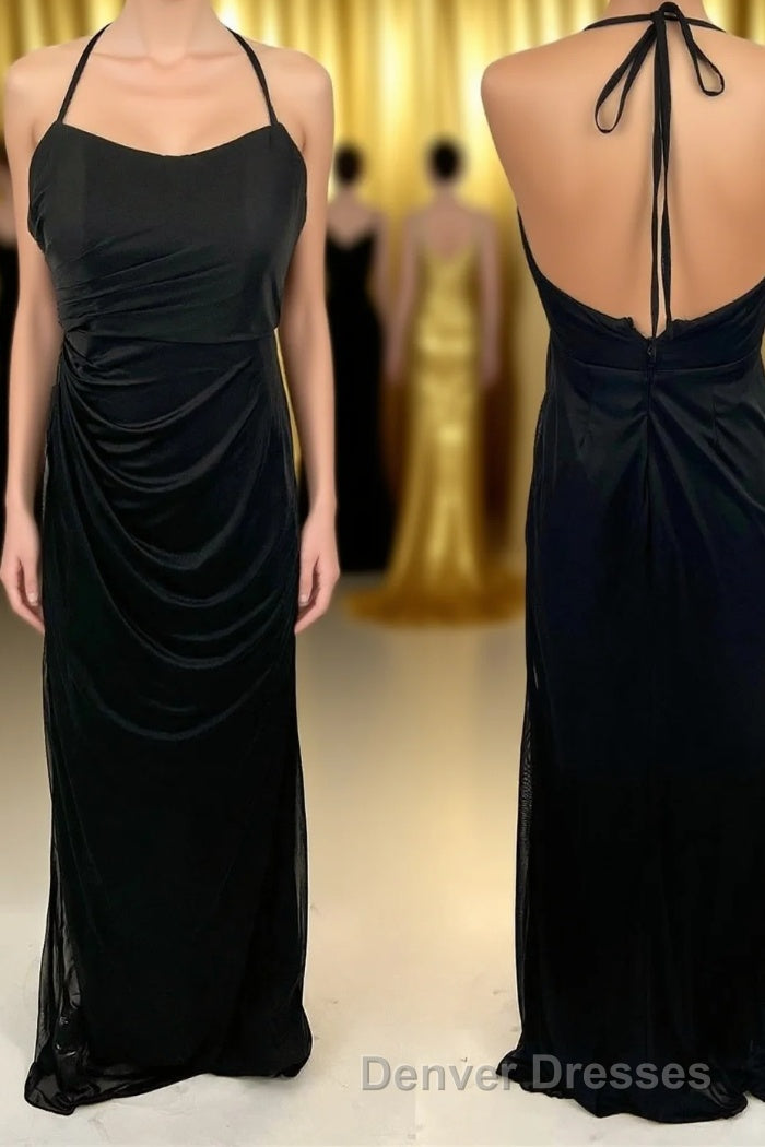 Halter Straps Black Mermaid Ruched Long Bridesmaid Dress Main image
