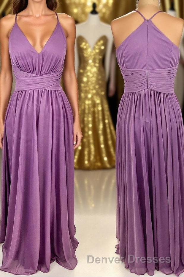 Purple Straps A-line Long Bridesmaid Dress