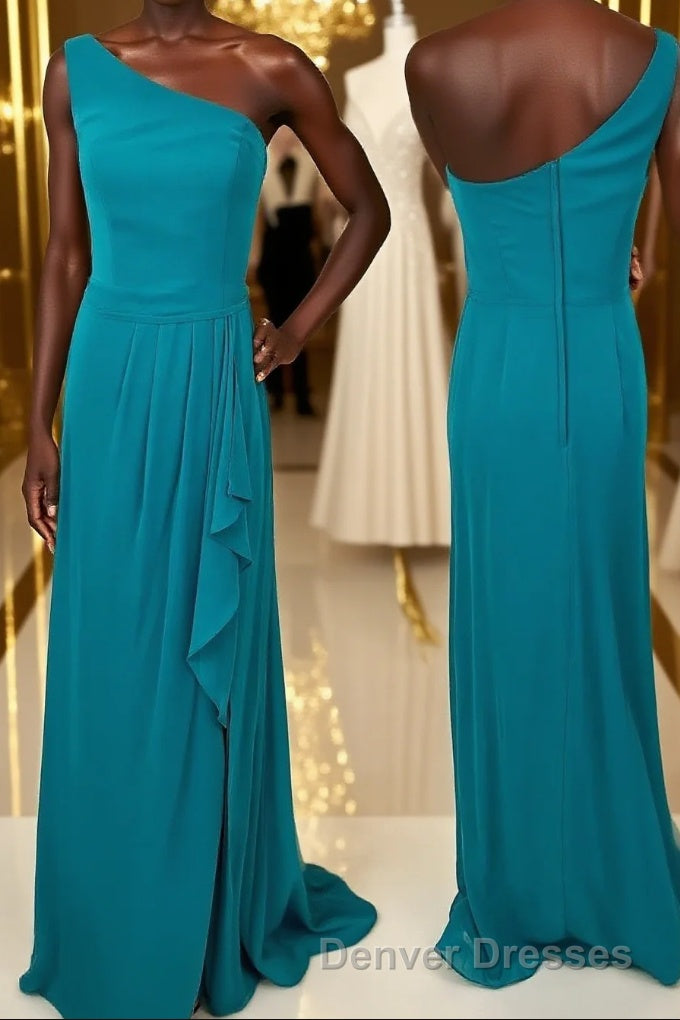 One Shoulder Turquoise Ruffles Chiffon Long Bridesmaid Dress Main image