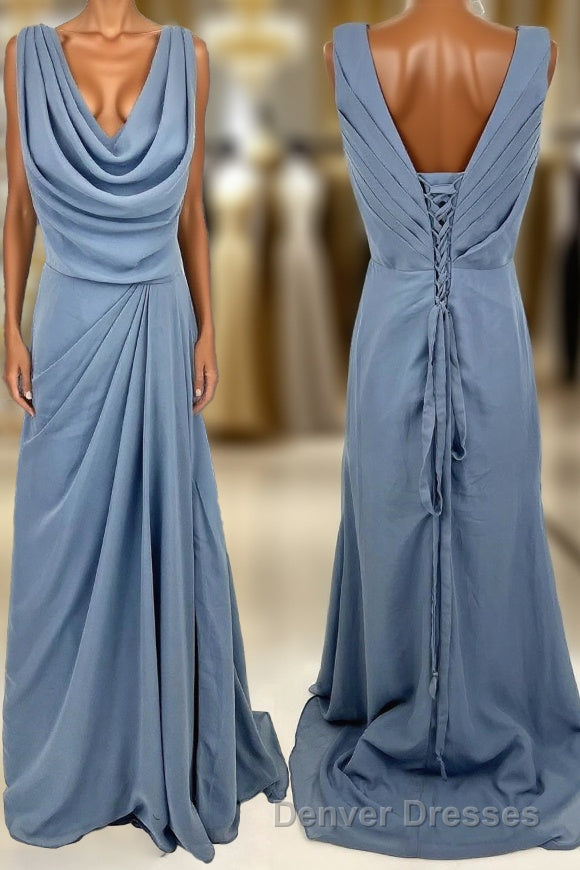 Cowl Neck Misty Blue Chiffon A-line Long Bridesmaid Dress Main image