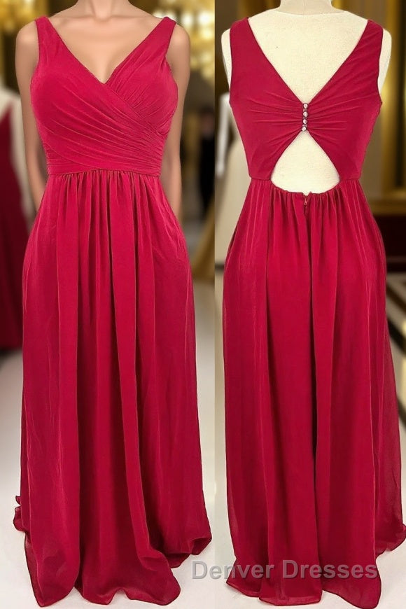 Ruched Red V Neck A-line Long Bridesmaid Dress Main image