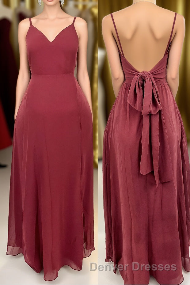 Ruffle Straps Burgundy Chiffon A-line Long Bridesmaid Dress