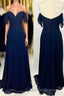 Knot Off the Shoulder Navy Blue Chiffon Long Bridesmaid Dress