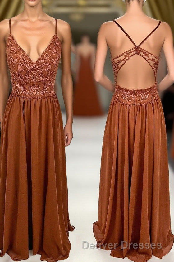 Rust Orange Lace and Chiffon A-line Long Bridesmaid Dress
