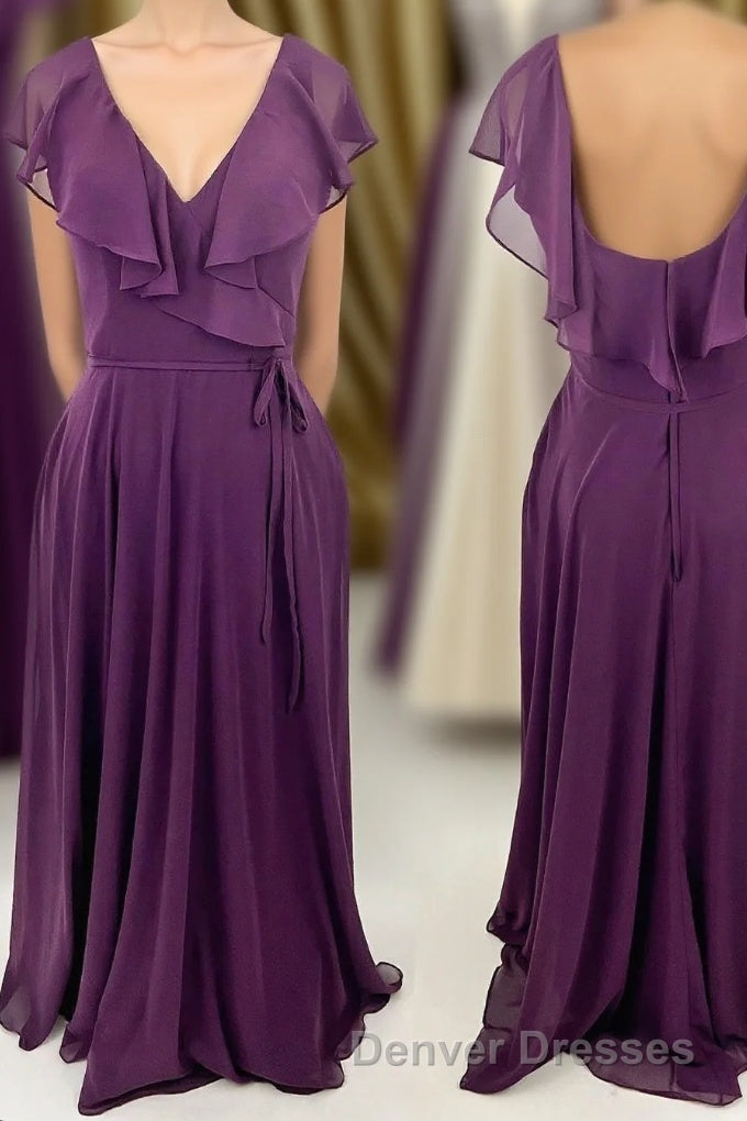 Ruffles Purple Chiffon A-line Long Bridesmaid Dress Main image