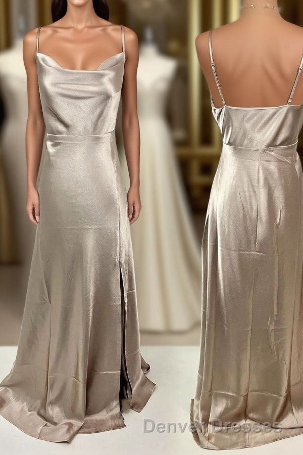 Cowl Neck Straps Long Bridesmaid Dress with Slit Main image