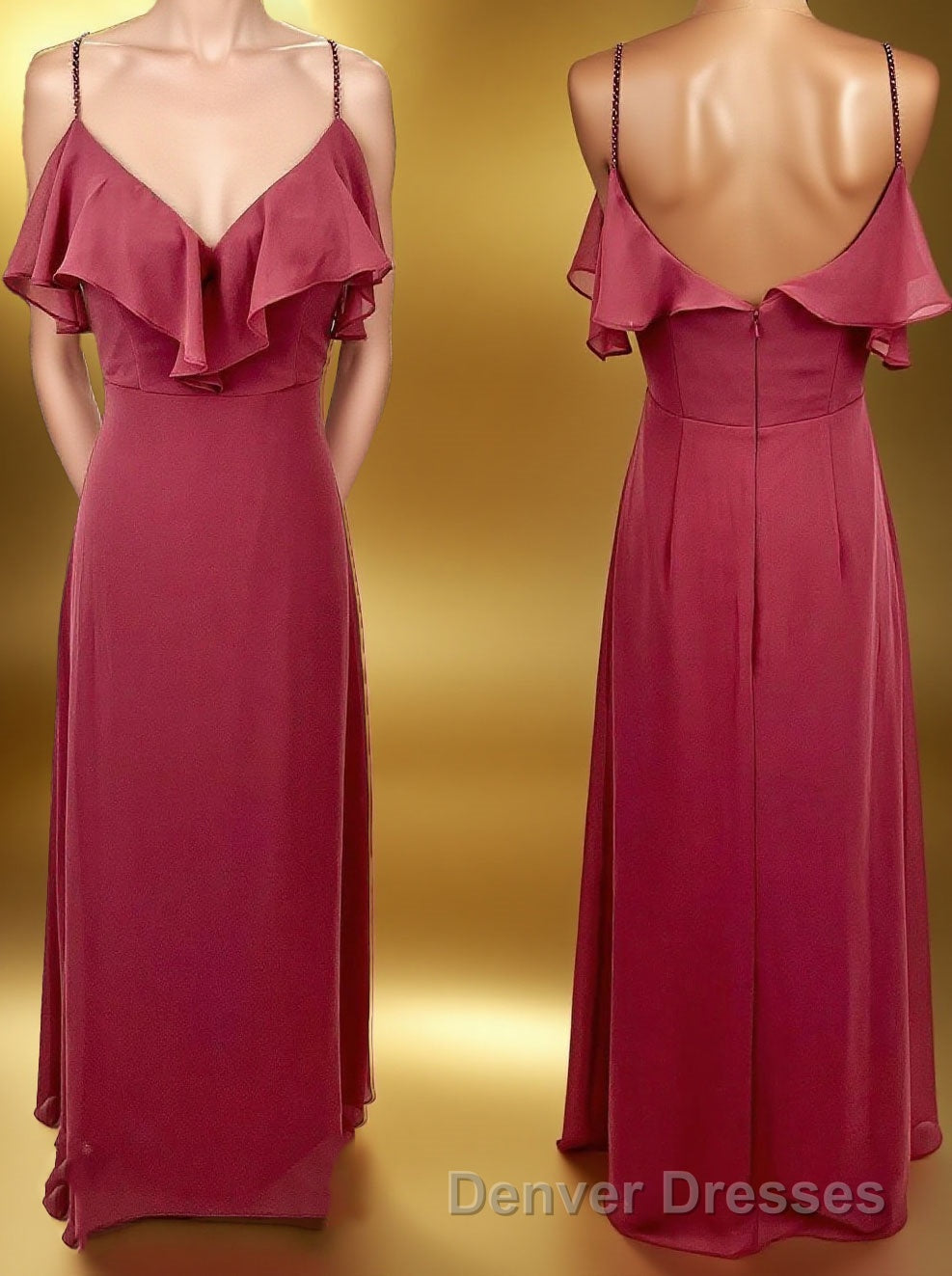 Straps Wine Red Chiffon Flounce Long Bridesmaid Dress Main image
