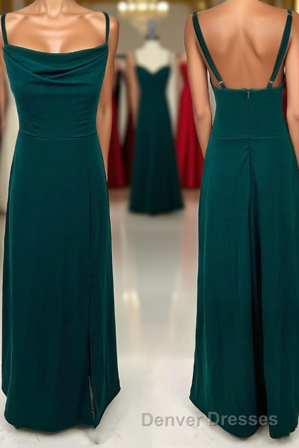 Dark Green Cowl Neck Straps Chiffon Long Bridesmaid Dress Main image