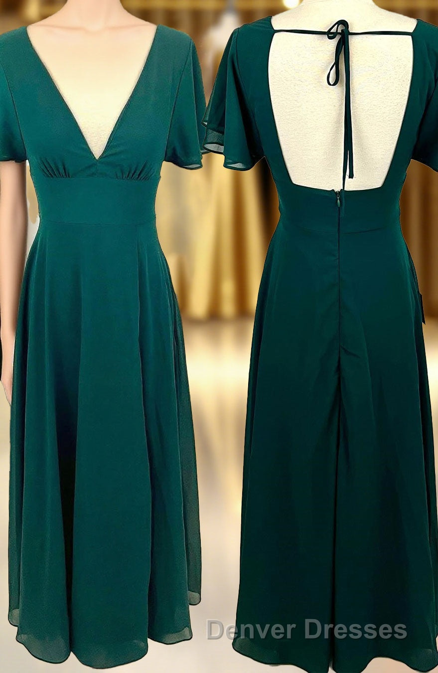 Flounce Sleeves Green Chiffon V Neck Long Bridesmaid Dress Main image