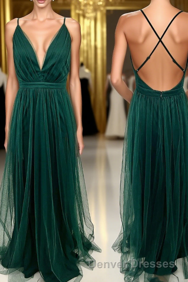 Straps Dark Green Tulle A-line Full Length Bridesmaid Dress Main image