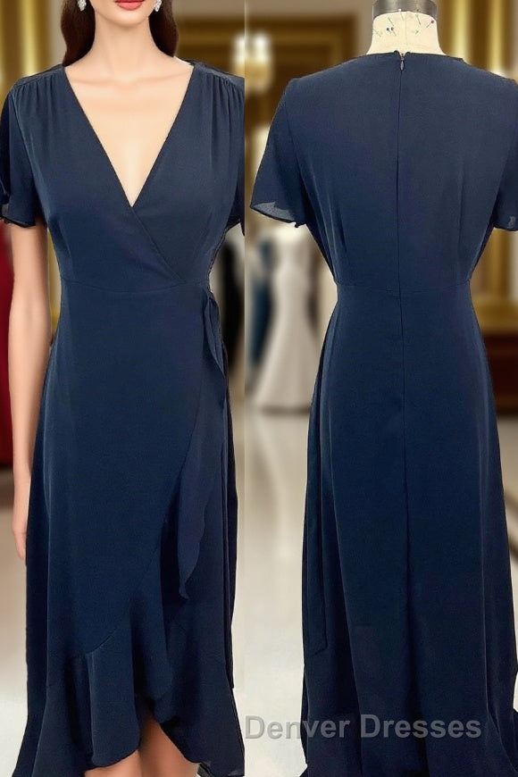 Short Sleeves Navy Blue Chiffon A-line Long Bridesmaid Dress Main image