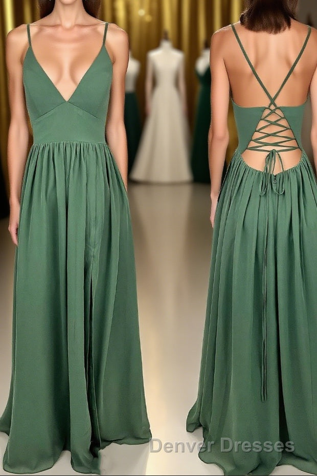 Straps Green A-line Long Formal Dress with Lace Up Back Main image