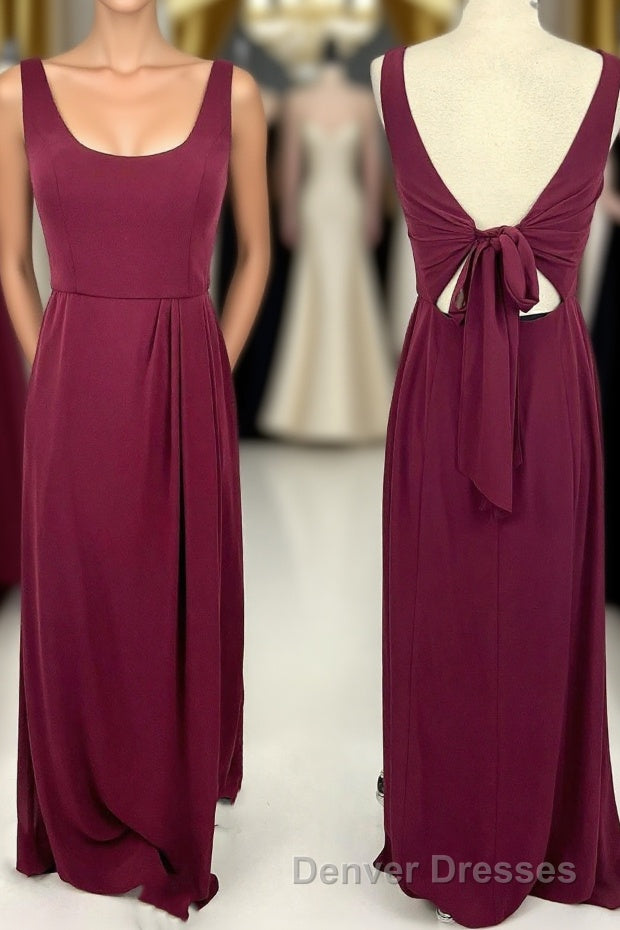 Simple Wine Red Scoop Long Bridesmaid Dress Main image