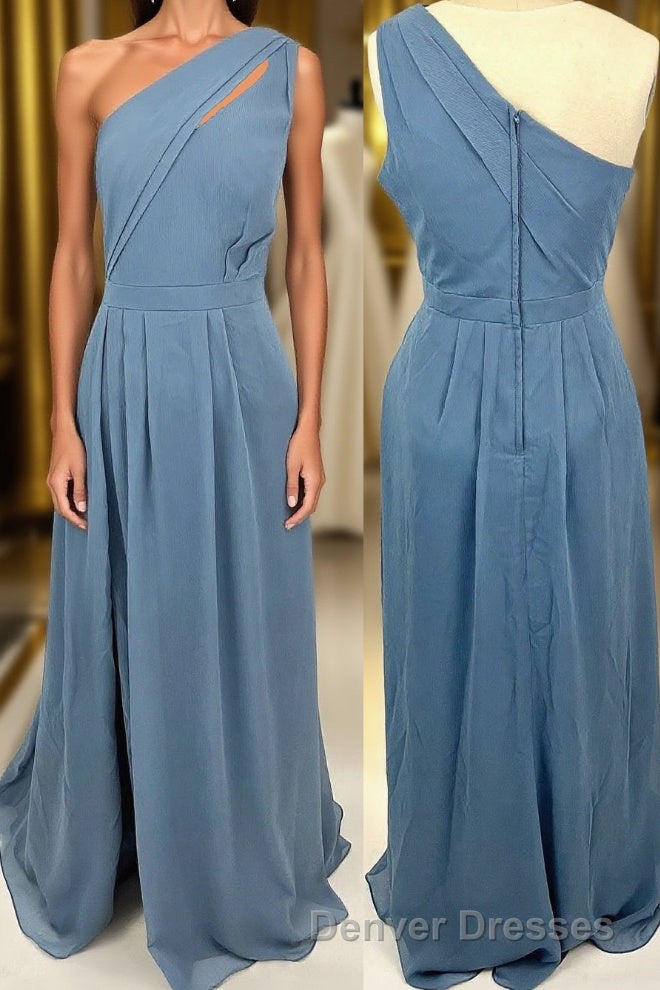 One Shoulder Misty Blue Chiffon A-line Long Bridesmaid Dress Main image