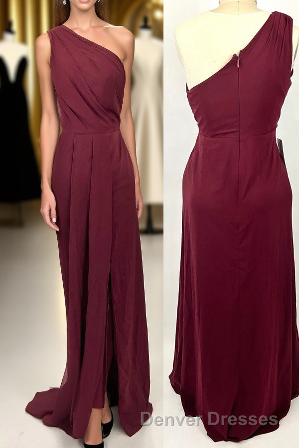 Ruched Wine Red One Shoulder A-line Long Bridesmaid Dress Main image