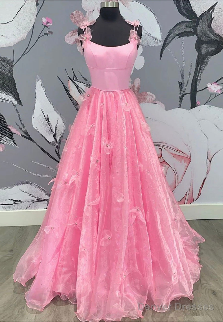 Pink Tulle Long A-Line Prom Dresses, Pink Evening Dresses Main image