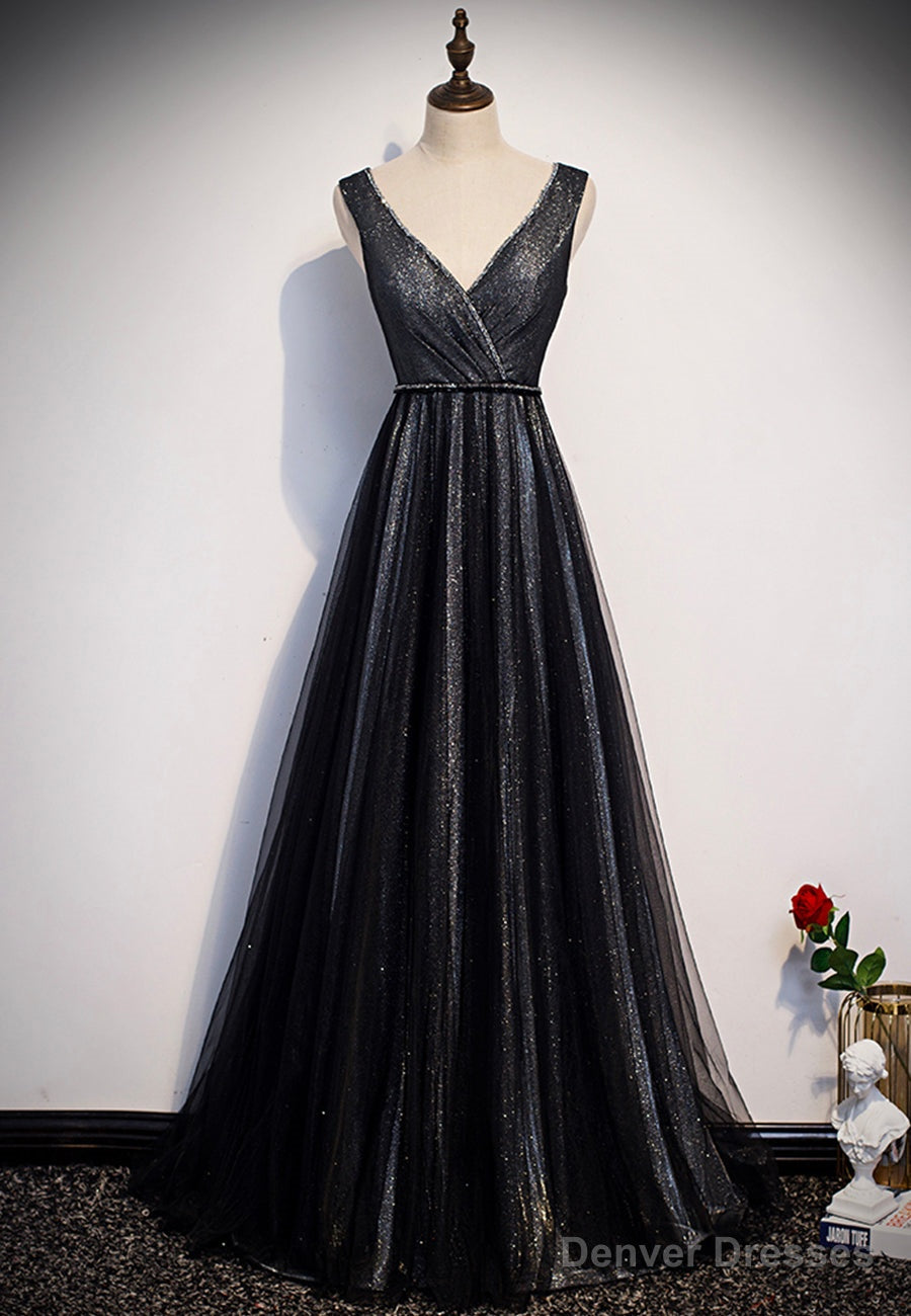 Black V-Neck Tulle Long Prom Dresses, A-Line Evening Dresses Secondary image