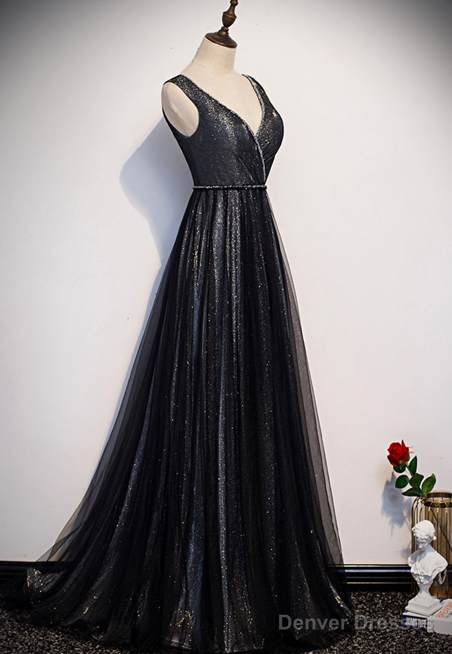 Black V-Neck Tulle Long Prom Dresses, A-Line Evening Dresses Main image