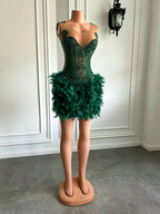 Real Luxury Black Girls Formal Occasion Birthday Party Dress Emerald Green Feather Women Short Prom Dress