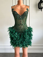 Real Luxury Black Girls Formal Occasion Birthday Party Dress Emerald Green Feather Women Short Prom Dress