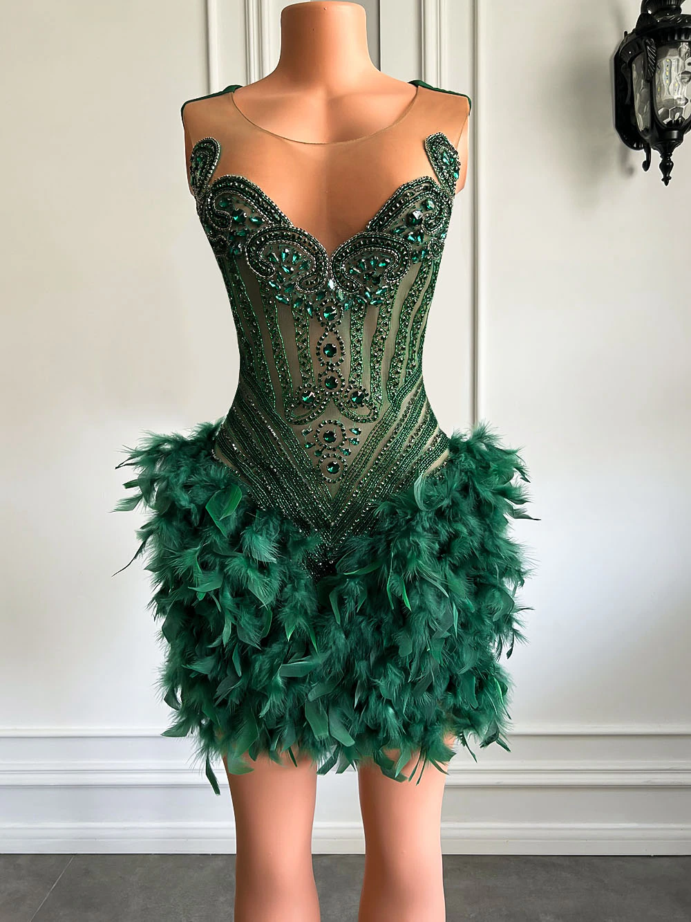 Real Luxury Black Girls Formal Occasion Birthday Party Dress Emerald Green Feather Women Short Prom Dress