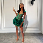 Real Luxury Black Girls Formal Occasion Birthday Party Dress Emerald Green Feather Women Short Prom Dress