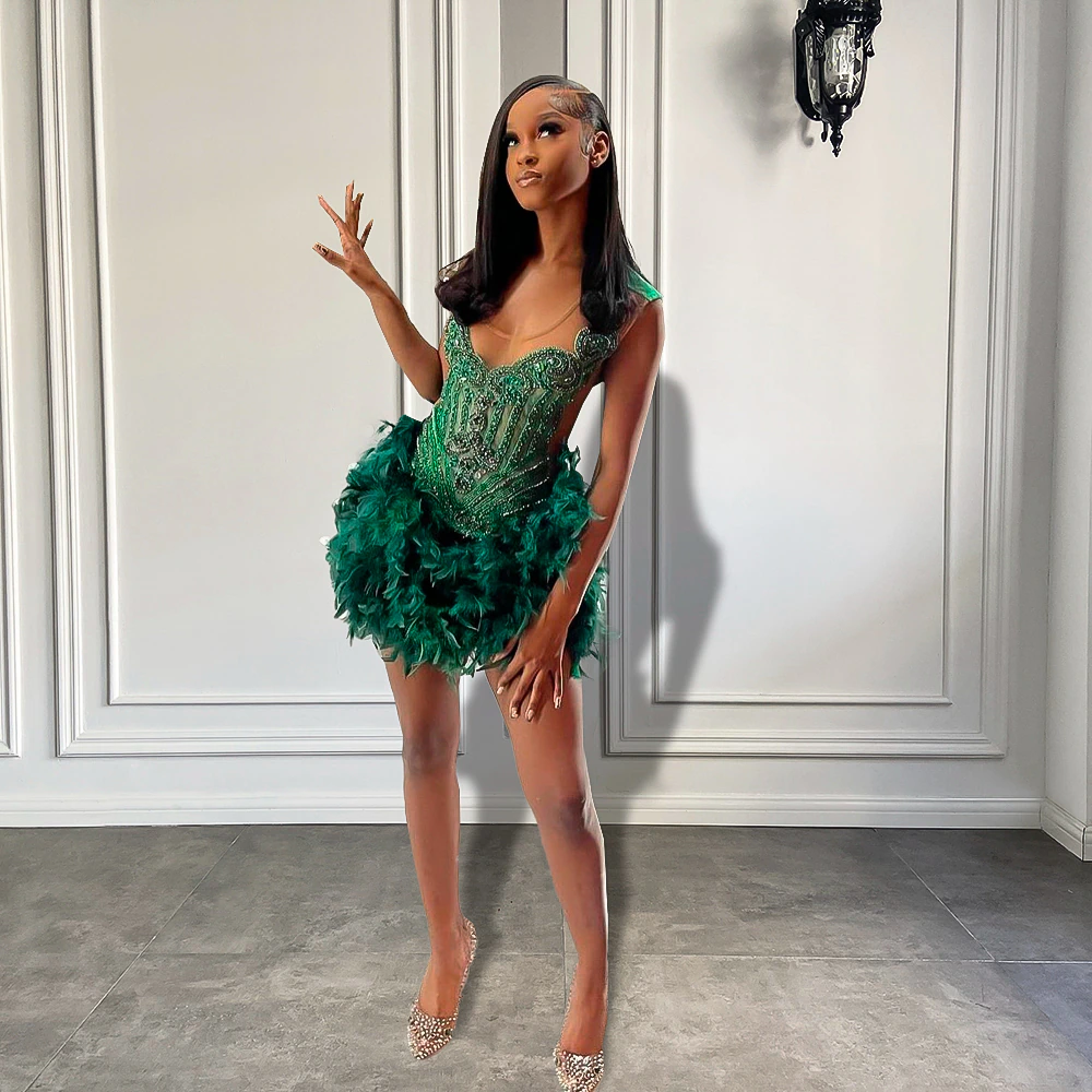 Real Luxury Black Girls Formal Occasion Birthday Party Dress Emerald Green Feather Women Short Prom Dress
