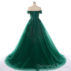 Real Off Shoulder Green Prom Dress Beaded Appliques Emerald Quince Dress