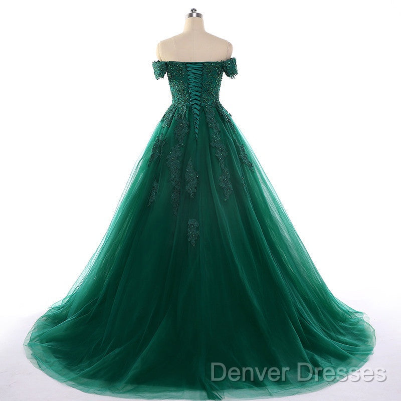 Real Off Shoulder Green Prom Dress Beaded Appliques Emerald Quince Dress