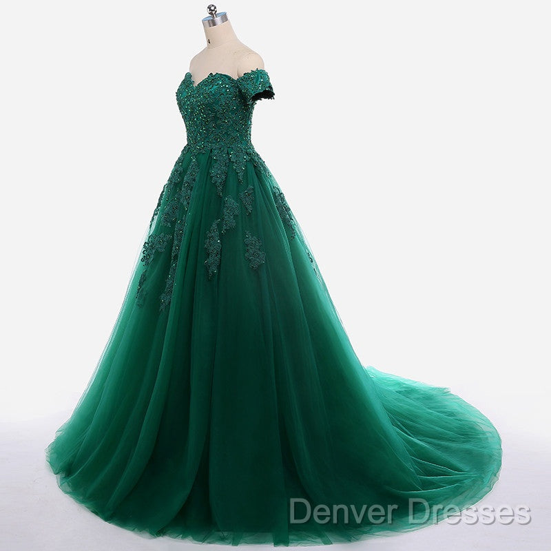 Real Off Shoulder Green Prom Dress Beaded Appliques Emerald Quince Dress