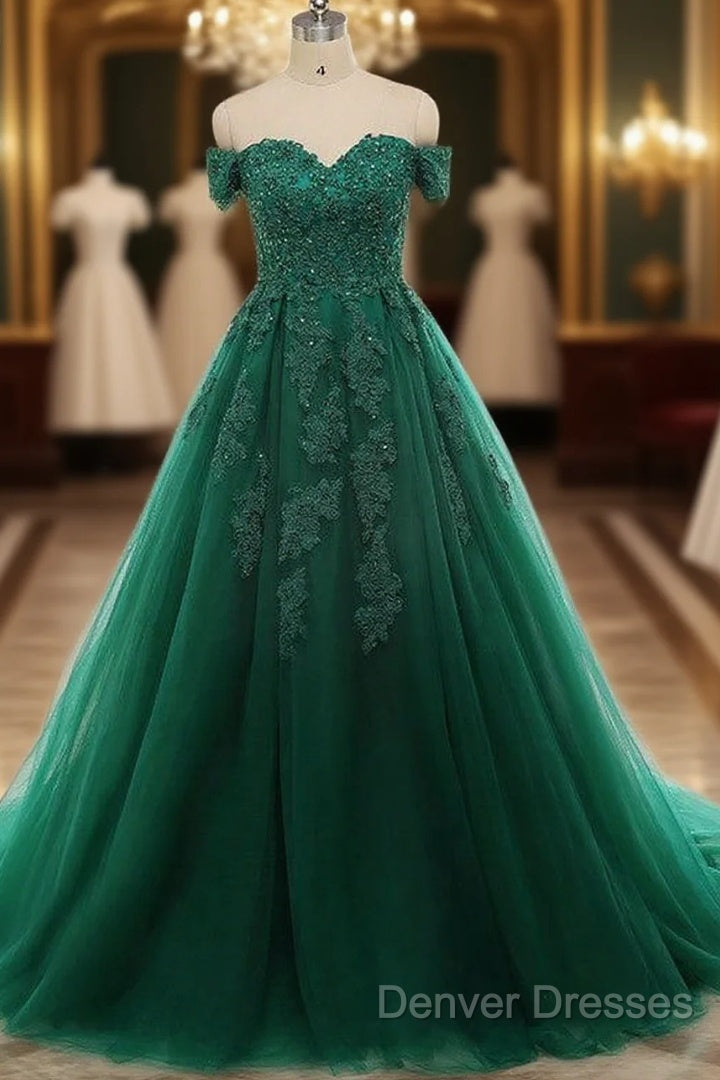 Real Off Shoulder Green Prom Dress Beaded Appliques Emerald Quince Dress Main image