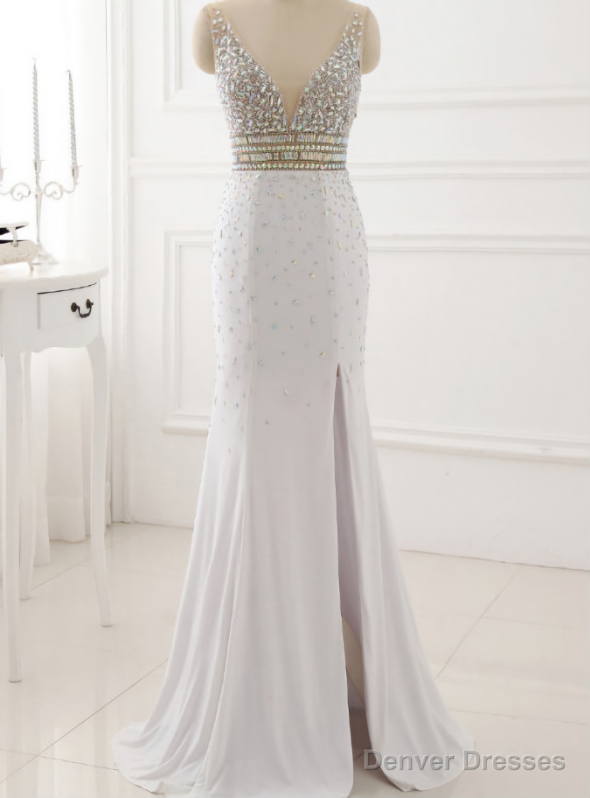 Real Picture Prom Dress Evening Party Gowns Long Sexy High Slit Chiffon Crystal