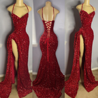 Real Sample Sexy High Slit Halter Sleeveless Sparkly Red Sequined Black Girls Long Prom Dress