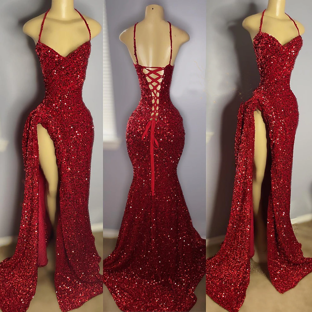 Real Sample Sexy High Slit Halter Sleeveless Sparkly Red Sequined Black Girls Long Prom Dress