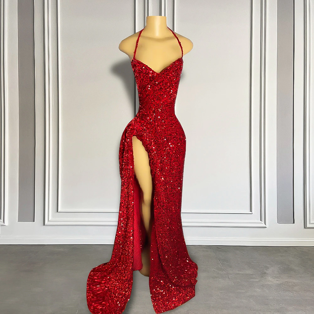 Real Sample Sexy High Slit Halter Sleeveless Sparkly Red Sequined Black Girls Long Prom Dress
