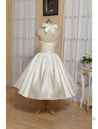 Reception Little White Dress Wedding Dress A-Line Halter Sleeveless Tea Length Satin Bridal Gowns With Bow(S) Pleats
