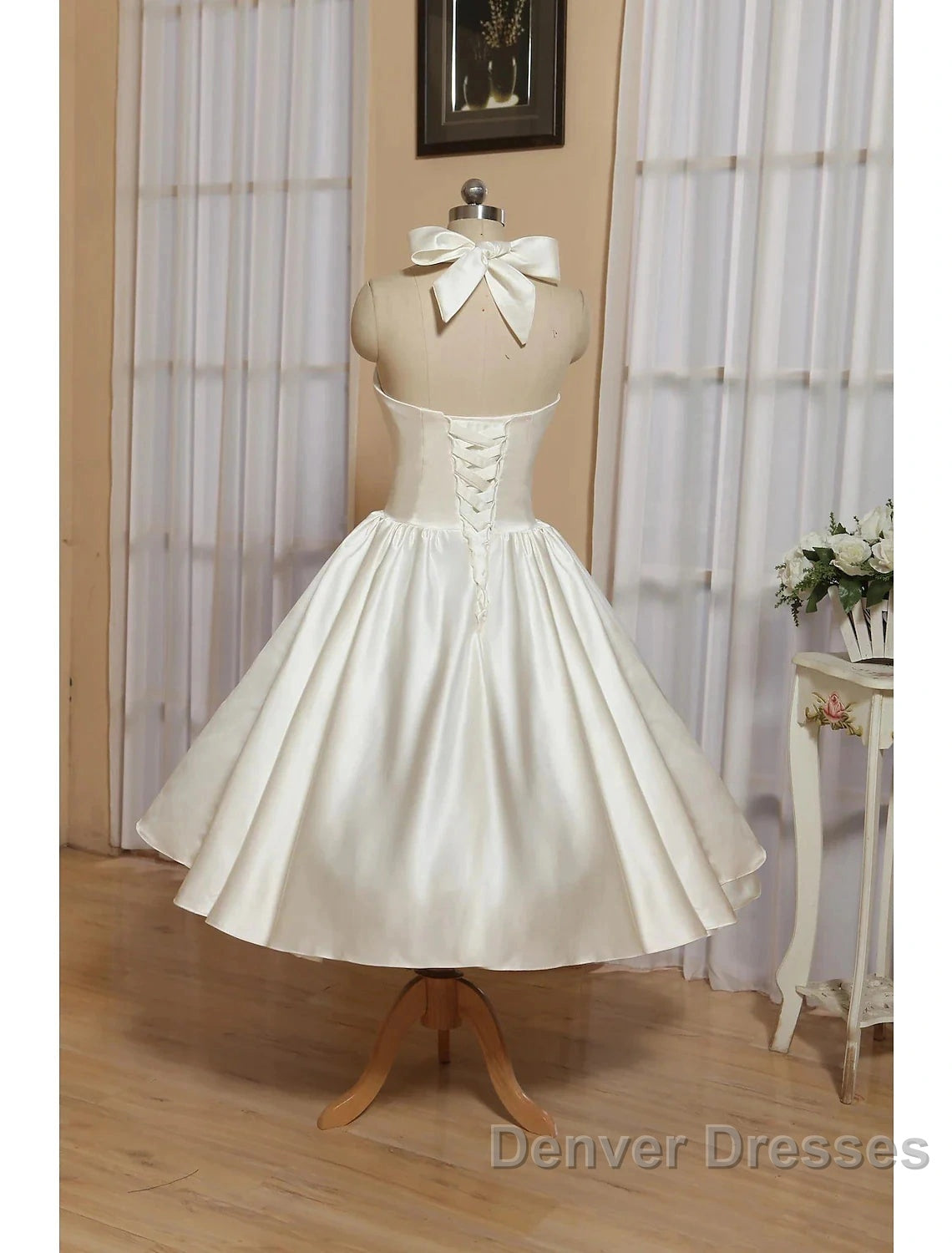Reception Little White Dress Wedding Dress A-Line Halter Sleeveless Tea Length Satin Bridal Gowns With Bow(S) Pleats