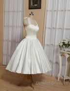 Reception Little White Dress Wedding Dress A-Line Halter Sleeveless Tea Length Satin Bridal Gowns With Bow(S) Pleats