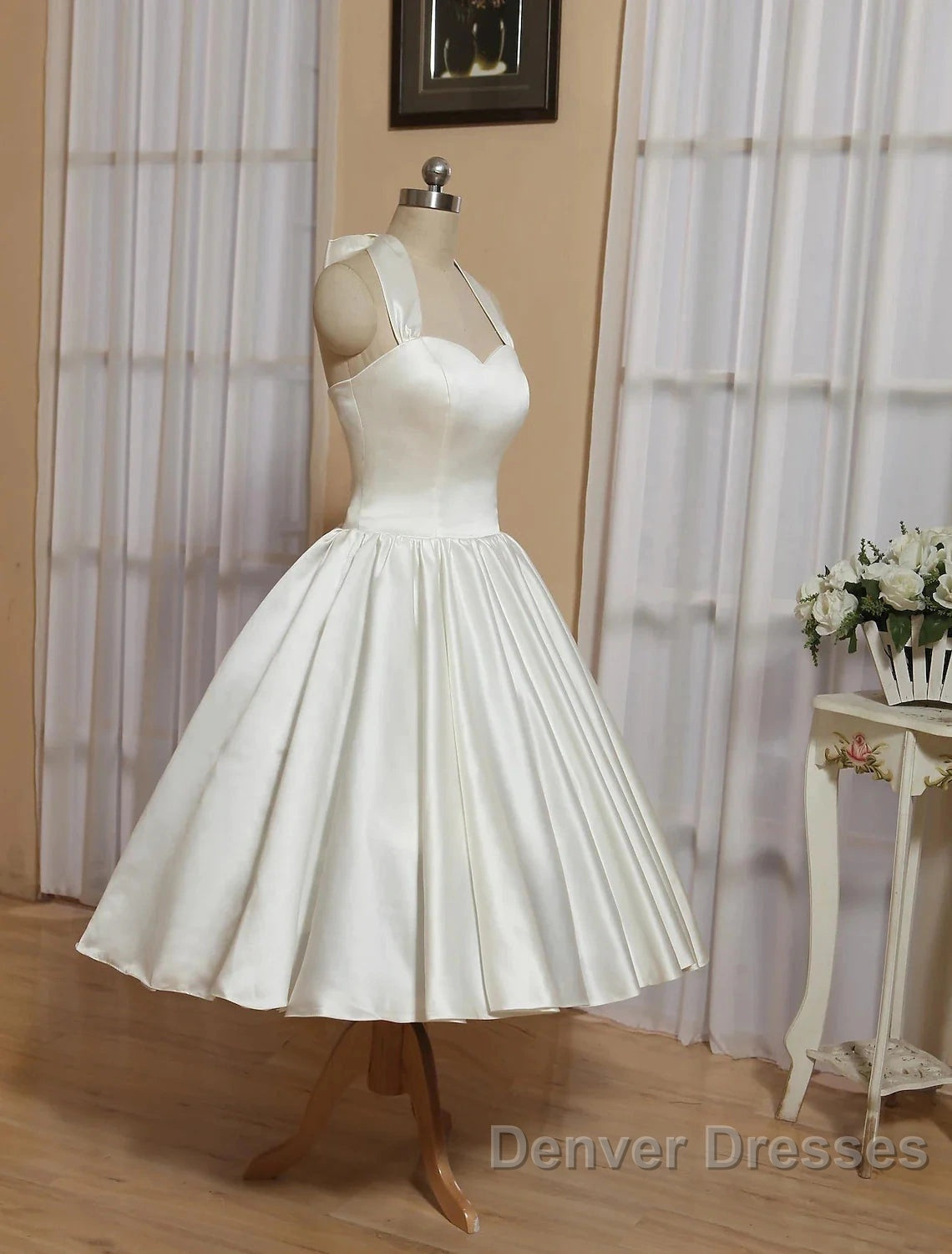Reception Little White Dress Wedding Dress A-Line Halter Sleeveless Tea Length Satin Bridal Gowns With Bow(S) Pleats
