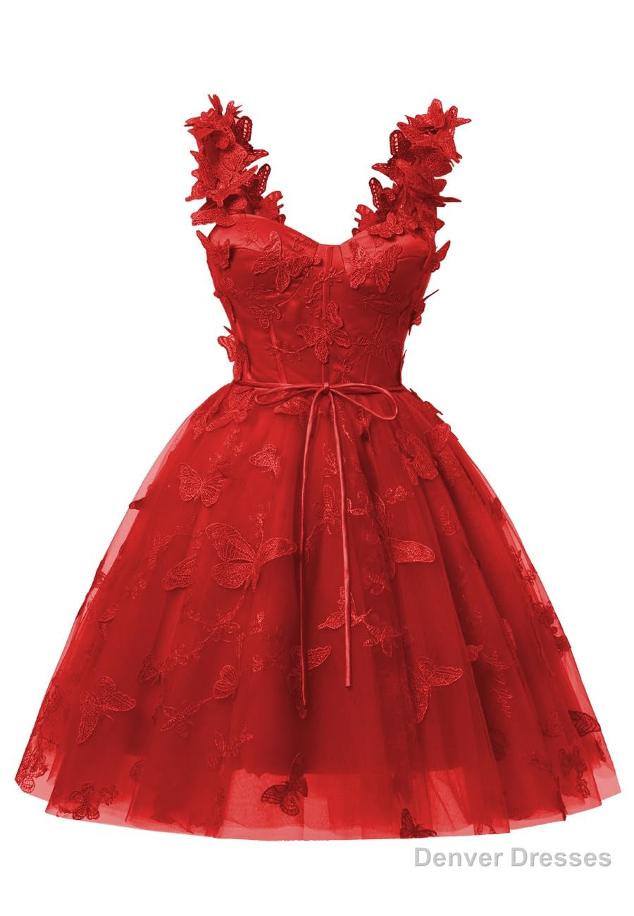 Red 3D Butterfly Lace Applique Tulle Homecoming Dress for Teens Sweetheart Mini Short Prom Dresses Secondary image