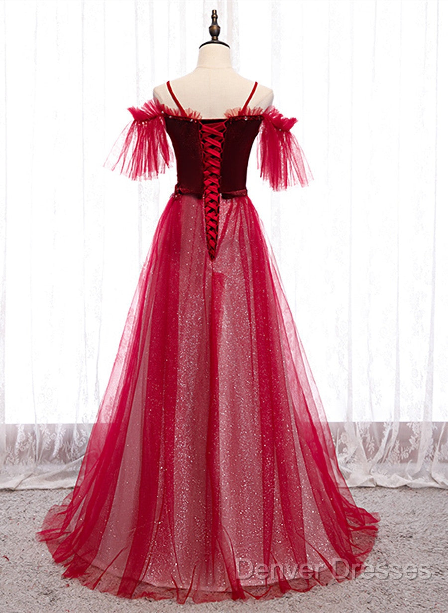 Red A-Line Floor Length Off Shoulder Long Prom Dress, Red Long Evening Dress