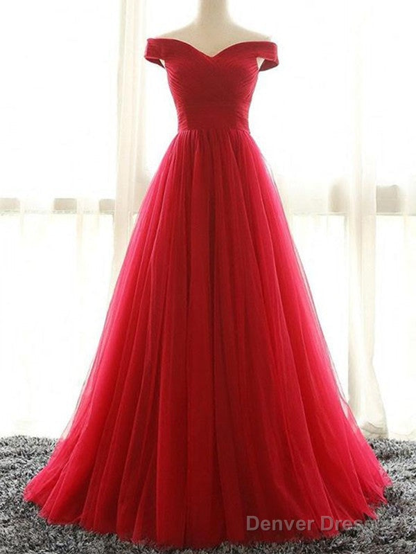 Red A Line Off Shoulder Floor Length Tulle Prom Dress, Off Shoulder Graduation Dress, Red Formal Dress Main image
