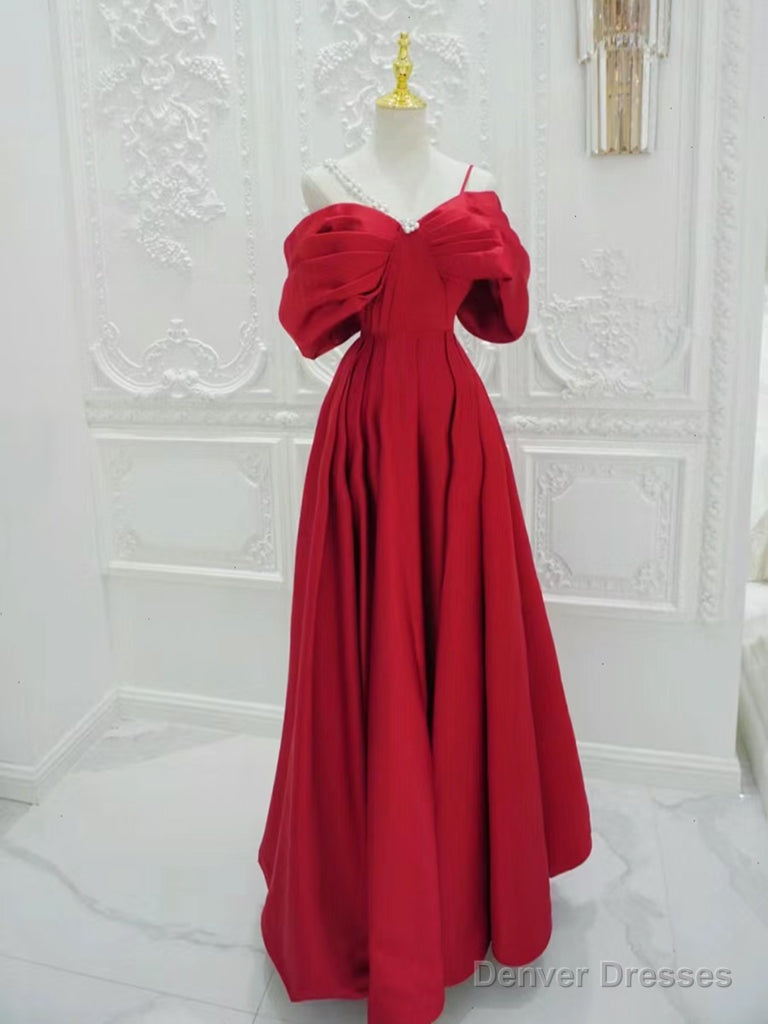 Red A-Line Off Shoulder Satin Long Prom Dress, Red Long Formal Dress Main image