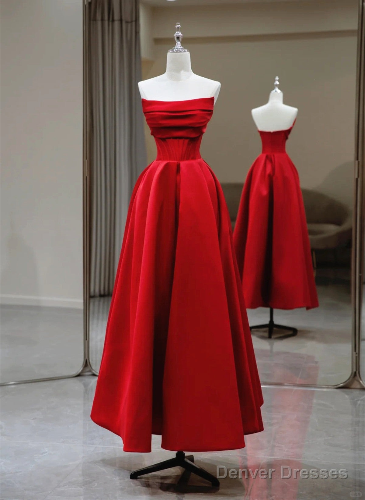 Red A-Line Satin Scoop Long Prom Dress Party Dress, Red Satin Evening Dress