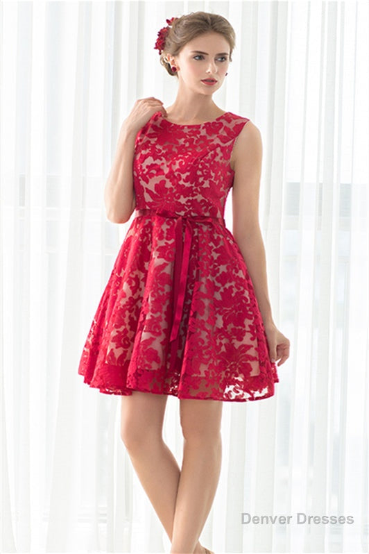 Red A-line Sleeveless Short Lace Homecoming Dresses Main image