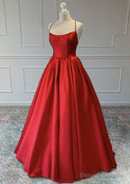 Red A-Line Sleeveless Square Neckline Satin Prom Dress