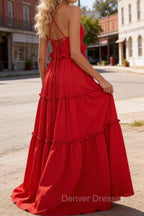 Red A-line V Neck Sleeveless Floor-Length Chiffon Prom Dress Long Prom Dresses Backless with Pleated Ruffles